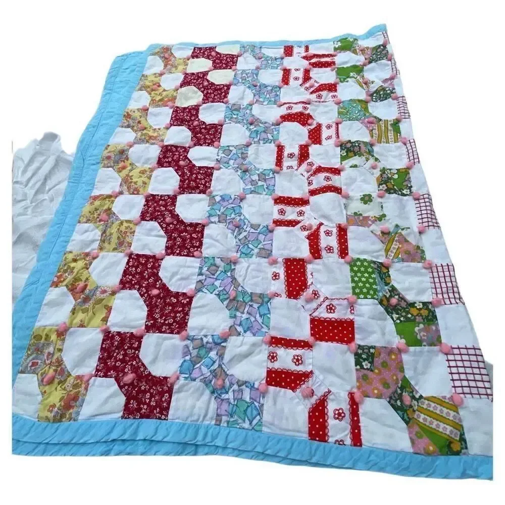Vintage patchwork with Pom Pom baby blanket 35”X 52”